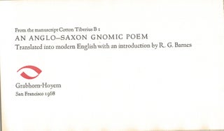 Item #20002 AN ANGLO-SAXON GNOMIC POEM,; translated into Modern English with an introduction by....