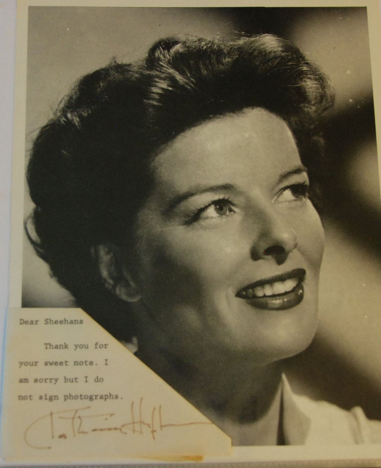 Item #53946 PHOTO WITH SIGNED NOTE ATTACHED. Katherine HEPBURN, Ct born actress.