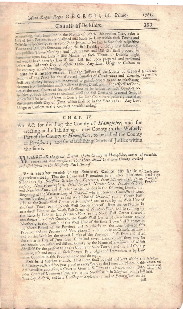 Item #59135 [Anno Regni Regis GEORGE III. Primo, 1761. Lord's-Day] AN ACT PASSED BY THE GREAT AND GENERAL COURT; of his Majesty's Province of the Massachusetts-Bay in New England: Begun and held at Boston, upon Wednesday the twenty-eighth Day of May, 1760. An continued by Prorogations until Wednesday the twenty-fifth of March following, and then met. BERKSHIRE COUNTY - PITTSFIELD.
